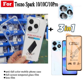 3in1 เคสซิลิโคน กันกระแทก สําหรับ Tecno Spark 10 Pro/Spark 10/10C ฟิล์มฝ้าเซรามิค + ฟิล์มเลนส์กล้อง