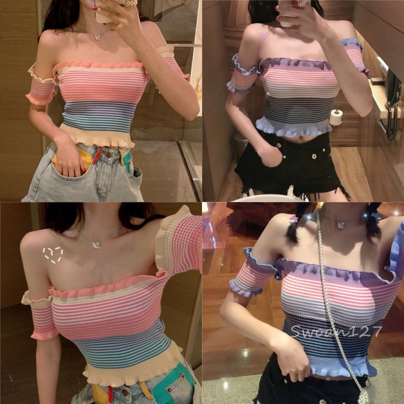 เสื้อยืด ผู้หญิง เสื้อเปิดไหล่ สีเรนโบว์เข้ารูปใส่ปาดไหล่ก็เซ็กซี่น่ารักสุดๆ ผ้านิ่มใส่สบาย สีสันสดใสน่ารัก Swoan127