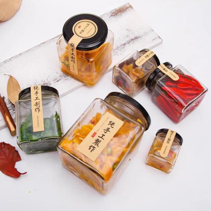 COMBO 6 500ML SQUARE GLASS JARS พร้อม TIN LID สําหรับ SPICES, อาหาร, ถั่ว