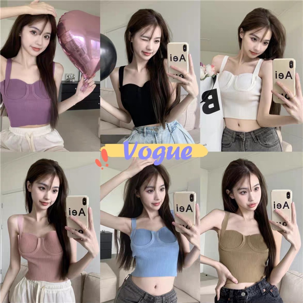 Vogue​ ​พร้อมส่ง​ ​ เสื้อสา​ยเดี่ยว​ไหมพรม​ ทรงครอปผ้าร่องเซ็กซี่มาก (J120)​ -N