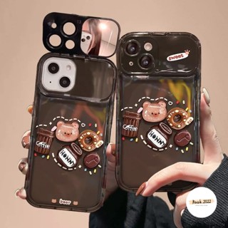 เคสโทรศัพท์มือถือแบบนิ่ม กันกระแทก ลายการ์ตูนหมี โดนัท กาแฟ 3D พร้อมกระจกแต่งหน้า สร้างสรรค์ สําหรับ Oppo A57 A12 A15 A7 A3s A5s A53 A15s A9 A5 A77 A77S A11K A31 A33 2020 A35