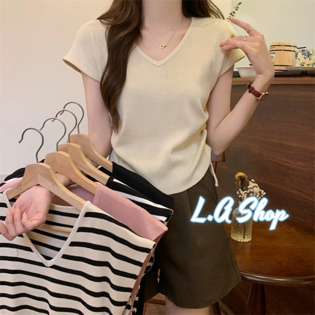 L.A Shop พร้อมส่ง เสื้อไหมพรมแขนกุด ปรับสั้นยาวได้ คอวีรูดข้างๆ  "51099" -C