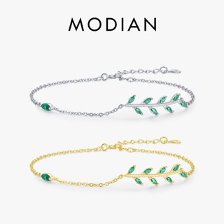 Modian สร้อยข้อมือเงินแท้ 925 ประดับเพทาย ใบไม้สีเขียว ปรับได้ เครื่องประดับแฟชั่น สําหรับผู้หญิง งานแต่งงาน