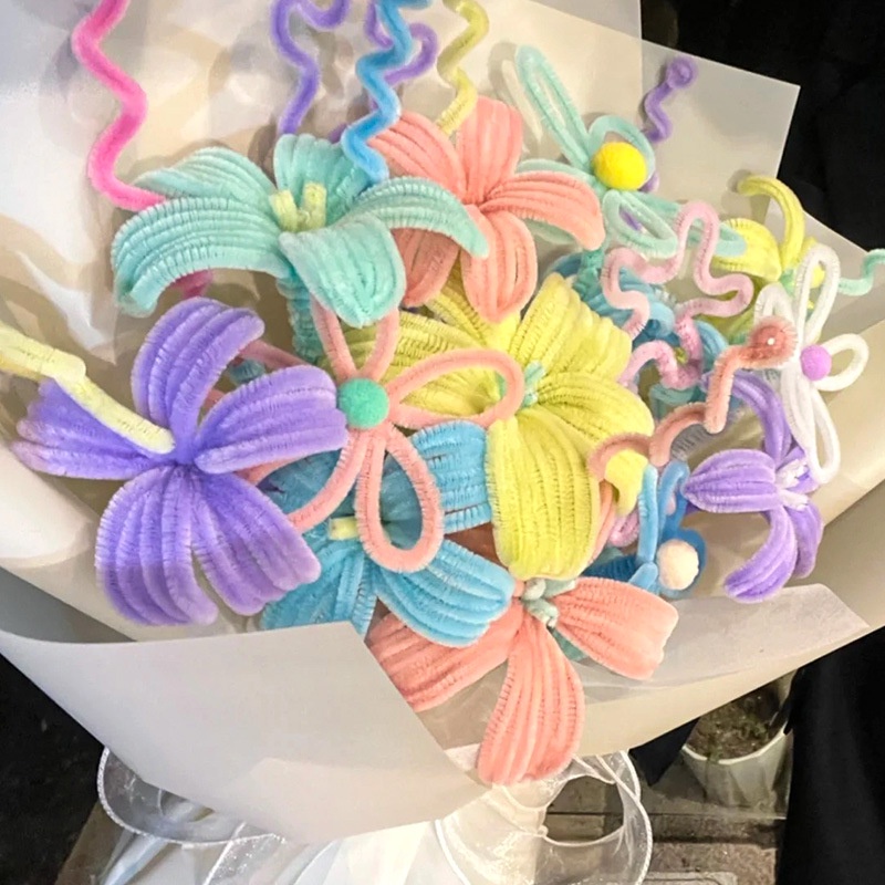 100 ชิ้น Macaron สี DIY ดอกไม้ Twisted Plush Strip Stick Creative Handmade Party ของขวัญวันเกิดวัสดุสําหรับดอกไม้