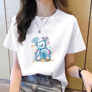 เสื้อยืดคอกลม แขนสั้น พิมพ์ลายการ์ตูน ทรงหลวม สไตล์เกาหลี แฟชั่นสําหรับผู้หญิง