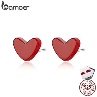 BAMOER Korean Stud Earrings Anti Allergic 925 Sterling Silver Red Stone SCE595