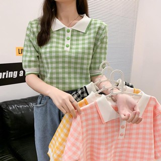 Littlebee  3952-2# เสื้อยืดแขนสั้นผู้หญิง ใส่สบายๆคอปก ไหมพรมลายสก๊อต สีสดใส น่ารัก สไตล์เกาหลี ฟรีไซส์