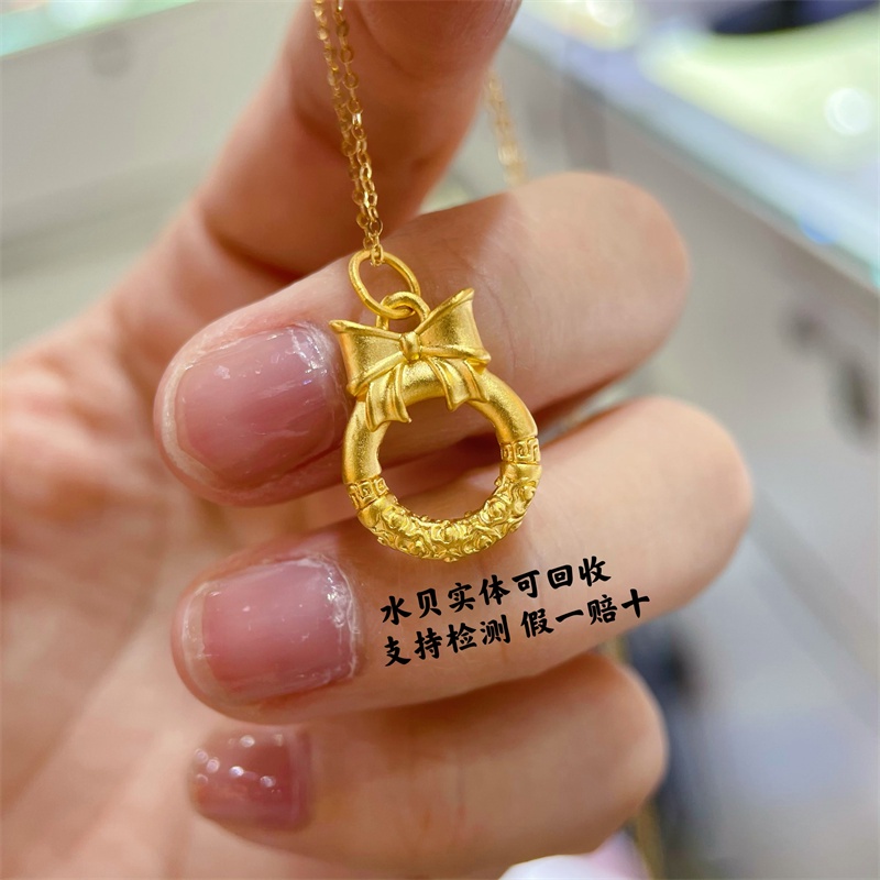 999 Pure Gold Runaway Princess Bow Safe Buckle Gold Pendant Braided Rope Gold Hoop Necklace Lovers G