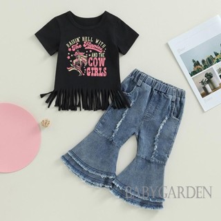 Babygarden-1-5 ปี ชุดเสื้อผ้าเด็กผู้หญิง แขนสั้น คอกลม พิมพ์ลายตัวอักษร เสื้อยืด + กางเกงยีนบาน