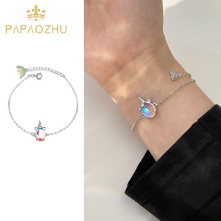 Papaozhu สร้อยข้อมือเงิน S925 จี้รูปยูนิคอร์น สีรุ้ง สไตล์เกาหลี สร้างสรรค์ สําหรับผู้หญิง