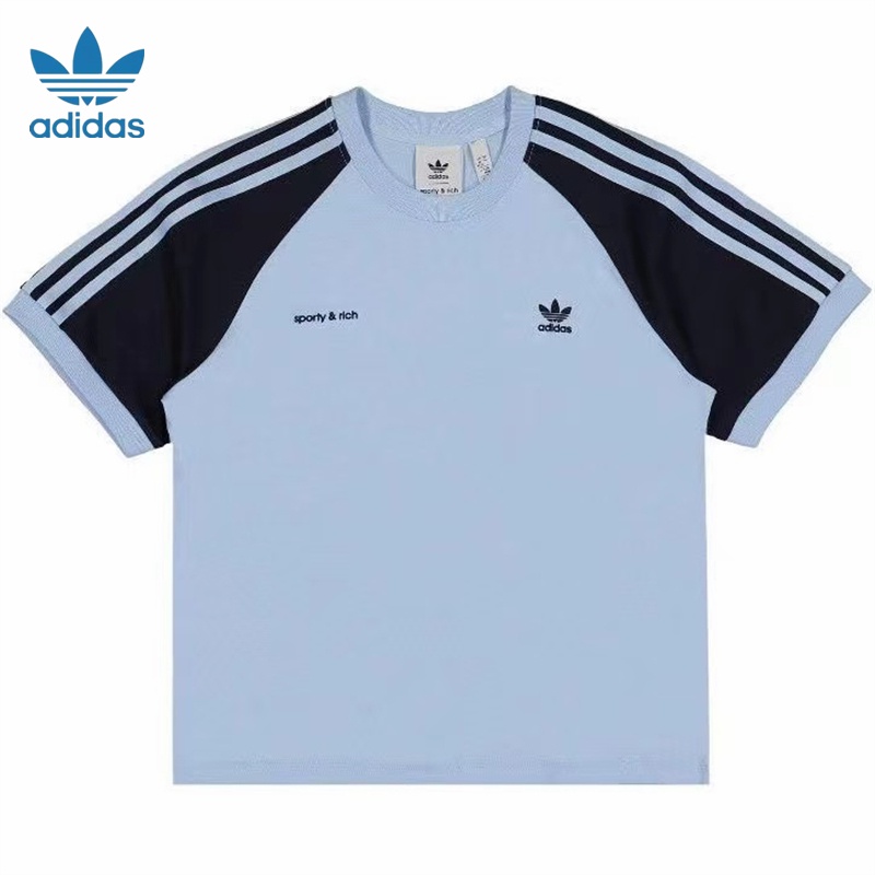 เสื้อยืดแขนสั้น คอกลม ผ้าฝ้าย 100% ปักลายโลโก้ ADlDAS X Sporty Rich สําหรับผู้ชาย และผู้หญิง