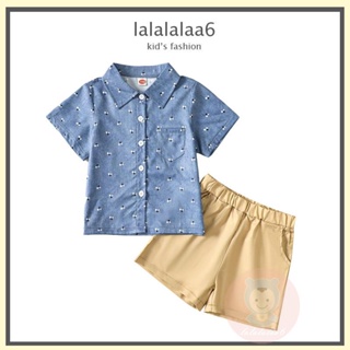 Laa6 ชุดเสื้อแขนสั้น คอปก และกางเกงขาสั้น สีพื้น สําหรับเด็กผู้ชาย