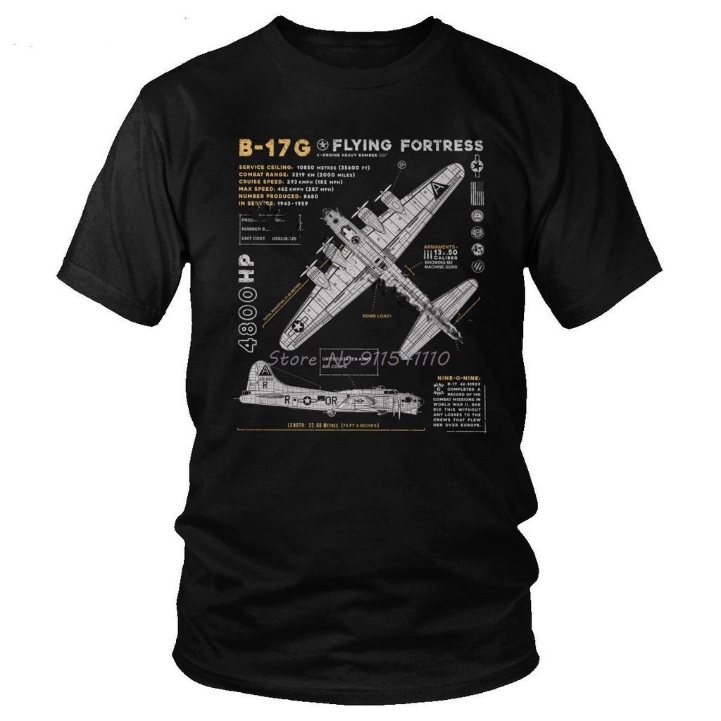 เสื้อยืดผู้ชาย Vintage B 17 Flying Fortress Spitfire Cotton Fighter Plane Ww2 War Pilot เครื่องบินเค