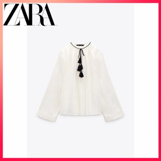 Zara ใหม่ เสื้อเชิ้ต ผ้าลินิน แต่งพู่ สําหรับผู้หญิง