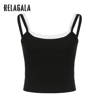 Relagala เสื้อครอปท็อปลําลอง เข้ารูป สีคอนทราสต์ สไตล์มินิมอล สําหรับผู้หญิง 2023