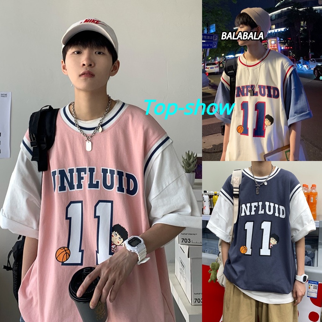 Top-show ส่งไวจากไทย บาสเก็ตบอล ผ้าฝ้าย แฟชั่นผู้ชาย พิมพ์ลายเกาหลี เสื้อยืดแขนสั้น เสื้อยืด oversize เสื้อยืดกีฬา
