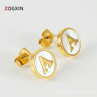 [0620]SDY European and American 18K Stainless Steel Letter Shell Earrings Female Niche Cross-Border Stylish round Alphabet Letter Earrings Earrings Gift Street Style Niche Fashion