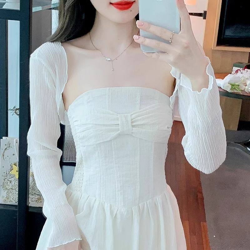 เสื้อแจ็กเก็ตคาร์ดิแกนแขนยาว ผ้าชีฟอง แบบบาง สองสี แฟชั่นฤดูร้อน สําหรับผู้หญิง