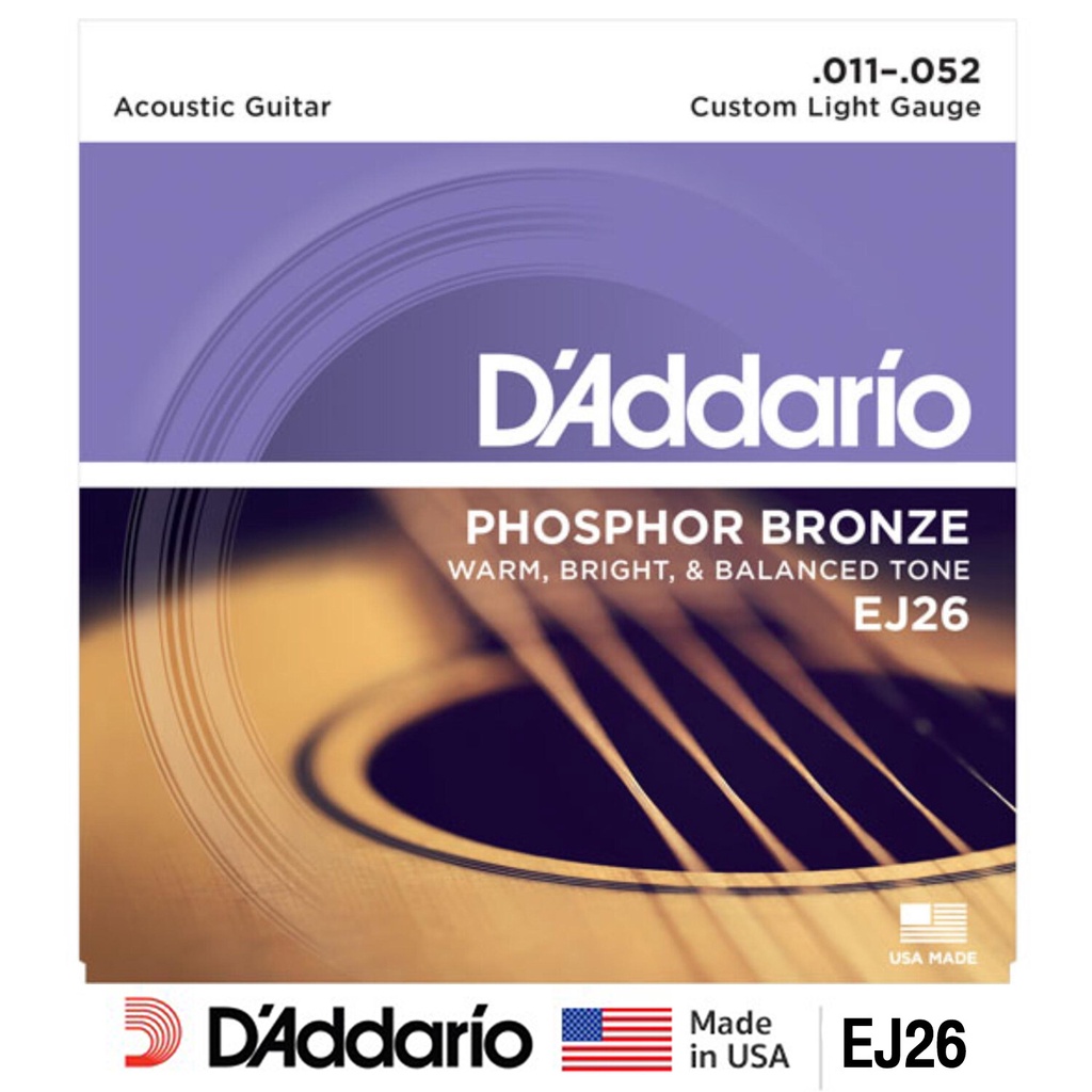 D'Addario® สายกีตาร์โปร่ง เบอร์ 11 Phosphor Bronze ของแท้ 100% รุ่น EJ26 (Light, 12-53)
