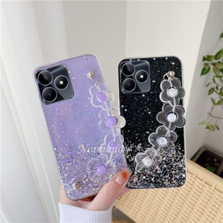 ใหม่ เคสโทรศัพท์มือถือ ซิลิโคนนิ่ม TPU ใส กันกระแทก แต่งกลิตเตอร์ฟอยล์สีทอง ลายดอกไม้ พร้อมสายคล้องข้อมือ แฟชั่น สําหรับ Realme C53 C53 2023