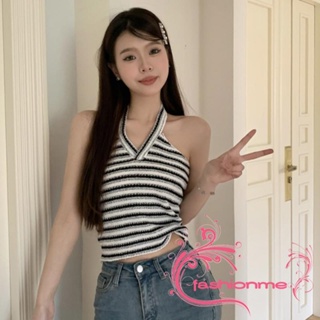 Fashionme-เสื้อครอปท็อปแขนกุด เปิดหลัง ลายทาง สไตล์สตรีท เหมาะกับฤดูร้อน สําหรับผู้หญิง