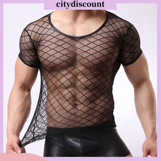 &lt;citydiscount&gt; เสื้อยืดแขนสั้น ผ้าตาข่ายซีทรู เข้ารูป เซ็กซี่ สําหรับผู้ชาย