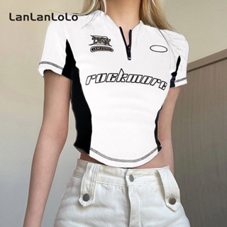 Lanlanlolo เสื้อยืดคอกลม แขนสั้น ปักลาย สีตัดกัน สําหรับผู้หญิง 2023