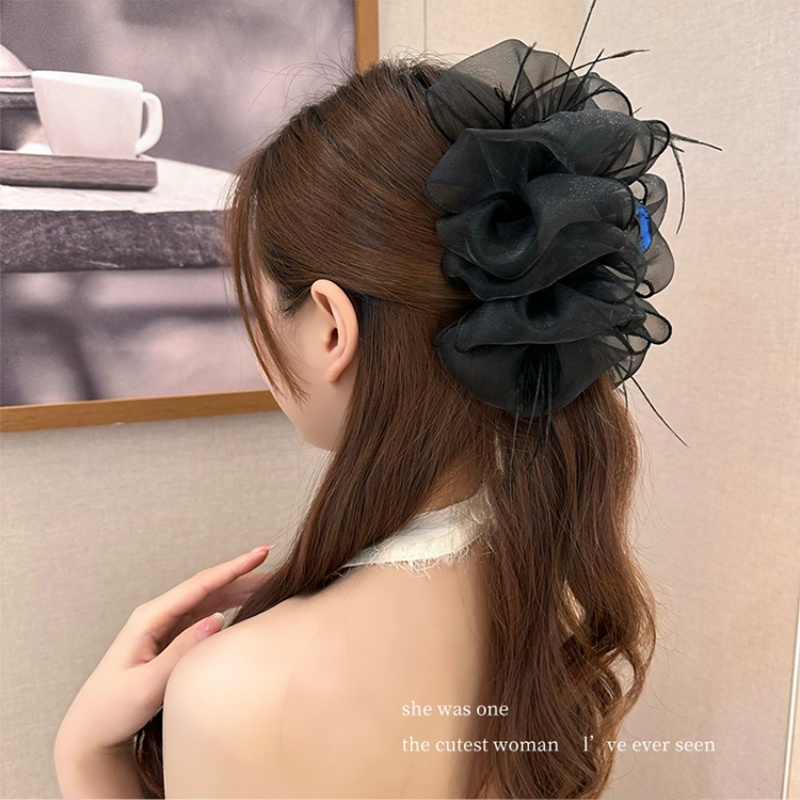 กิ๊บติดผม ตาข่าย ขนนก ขนาดใหญ่ ประดับโบว์ ดอกไม้ สีดํา หรูหรา เครื่องประดับ แฟชั่นสําหรับผู้หญิง