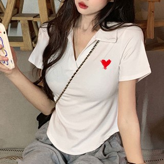 2564# Pure cotton design sense sweet polo collar slim top French high waist pure desire style thin short t-shirt