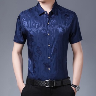 Spot high CP value] Boys shirts, youth handsome blouses, summer imitation silk mens short-sleeved shirts, thin style, no-iron, fashion, business, leisure, middle-aged and young, high-grade short-sleeved shirts for boys.