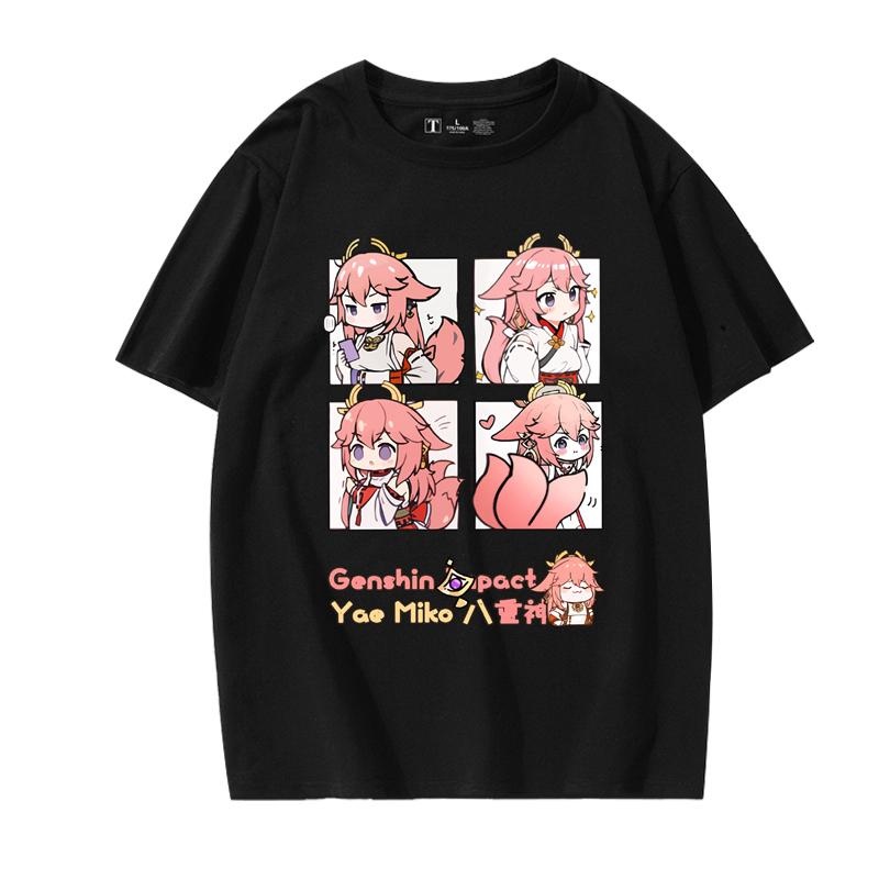 แฟชั่น เกม Genshin Impact Yae Miko เสื้อยืดแขนสั้นผ้าฝ้ายพิมพ์ลายสุดน่ารักแฟน ๆ Yae Miko ต้องมี เสื้