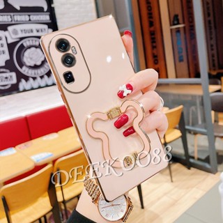 เคสโทรศัพท์มือถือ ขอบตรง ชุบไฟฟ้า ลายหมีน่ารัก พร้อมขาตั้ง สําหรับ OPPO Reno10 Pro+ Pro Plus A78 4G 5G Reno 10 10Pro Reno10Pro+ OPPOA78