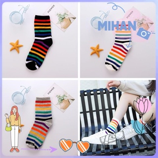 ☼MIHAN☼ Tide Rainbow Socks Casual Mid tube sock Stripes Women Fashion Sweat absorb Breathable Cotton/Multicolor