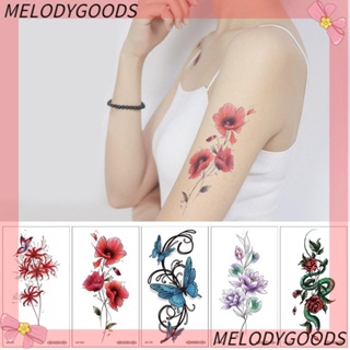 MELODG สติกเกอร์รอยสัก พิมพ์ลายดอกไม้ สีแดง ป้องกันน้ํา สําหรับผู้หญิง 10 ชิ้น