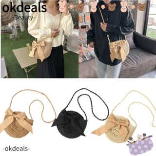 Okdeals กระเป๋าถือ ถักโครเชต์ ทรงกลม ประดับโบว์ ความจุขนาดใหญ่ แฮนด์เมด แฟชั่นชายหาด สําหรับผู้หญิง