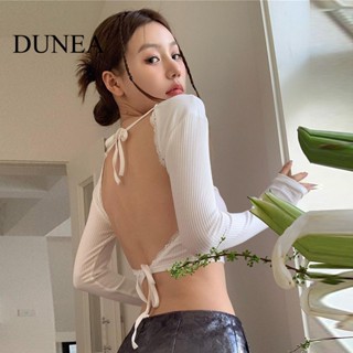 Dunea เสื้อยืด เปิดไหล่ แขนยาว ลูกไม้ เปิดหลัง สําหรับผู้หญิง