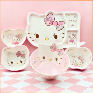 Sanrio อุปกรณ์บนโต๊ะอาหาร Hello Kittys ชุดชามเมลามีนการ์ตูนน่ารักความงามเด็กช้อนข้าวชามซุปของขวัญเด็กผู้หญิง -FE