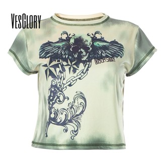 Vesglory เสื้อครอปท็อป คอกลม พิมพ์ลาย สีตัดกัน แฟชั่นสําหรับผู้หญิง 2023