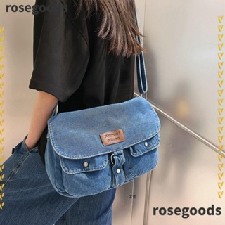 Rosegoods1 กระเป๋าสะพายข้าง ผ้าเดนิม นิ่ม จุของได้เยอะ สีฟ้าอ่อน ดีไซน์กระเป๋าช้อปปิ้ง โฮโบส เดินทาง