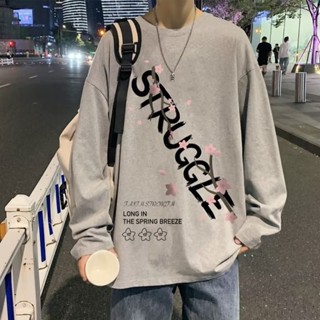 เสื้อยืดคอกลม แขนยาว พิมพ์ลายตัวอักษร ดอกซากุระ ทรงหลวม ขนาดใหญ่ สไตล์เรโทร แฟชั่นฤดูใบไม้ผลิ สําหรับผู้ชาย