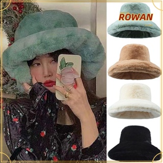 Rowans หมวกบักเก็ต ขนปุยเทียม สีพื้น แฟชั่นฤดูใบไม้ร่วง ฤดูหนาว