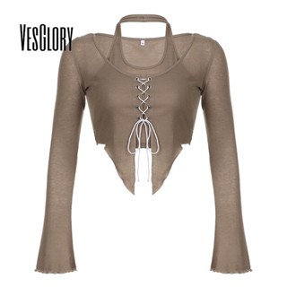 Vesglory เสื้อครอปท็อปลําลอง แขนยาว คอกลม ทรงสลิมฟิต สีพื้น แฟชั่นสําหรับสตรี 2023