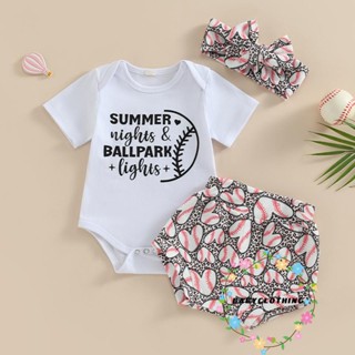 Babyclothes- ชุดรอมเปอร์ แขนสั้น คอกลม พิมพ์ลายตัวอักษร หัวใจ เสือดาว เบสบอล กางเกงขาสั้น ที่คาดผม 3 ชิ้น สําหรับเด็ก