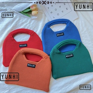 YUNHI กระเป๋าถือ กระเป๋าช้อปปิ้ง ผ้าถัก แฮนด์เมด ขนาดเล็ก สีพื้น สําหรับผู้หญิง