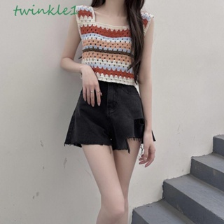 Twinkle1 เสื้อสายเดี่ยว แขนกุด คอสี่เหลี่ยม ผ้าถัก หลากสี แนวสตรีท สําหรับผู้หญิง y2k