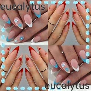 Eucalytus1 เล็บปลอม ถอดออกได้ ลายดอกไม้ สีฟ้า สีขาว Diy สไตล์ฝรั่งเศส 24 ชิ้น