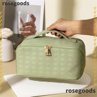 Rosegoods1 กระเป๋าเครื่องสําอาง หนัง PU ลายตารางหมากรุก กันน้ํา แบบพกพา พร้อมที่แบ่ง และที่จับ ขนาดใหญ่ สําหรับผู้หญิง