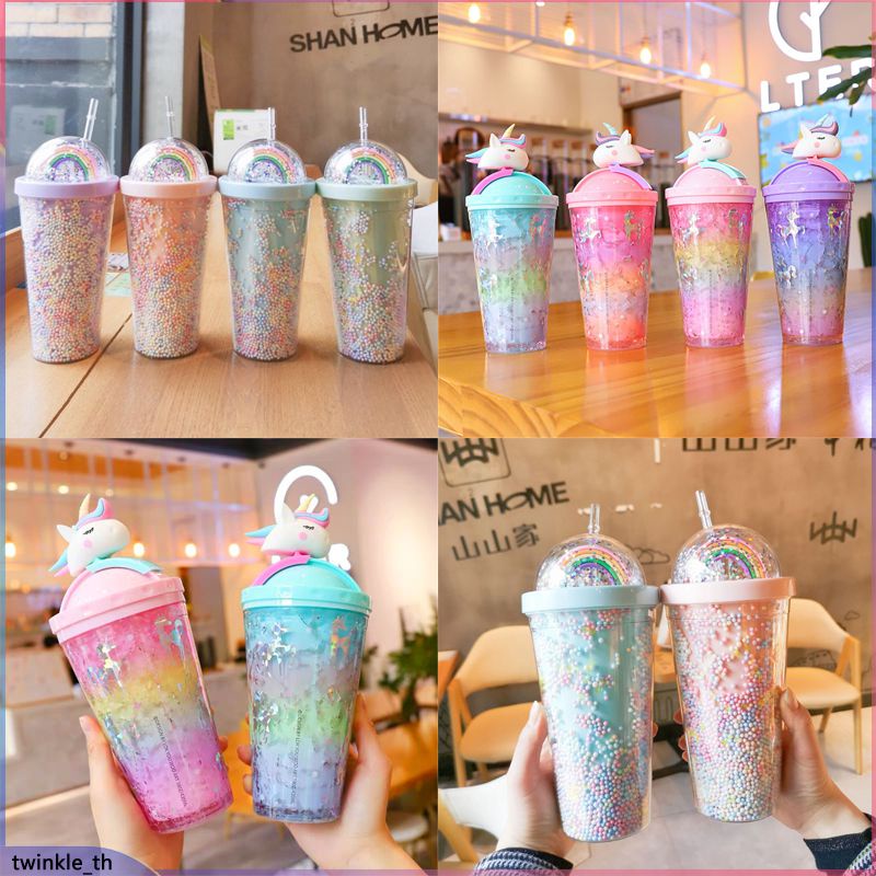 【ready Stock】แก้วน้ำน่ารักสายรุ้งพร้อมหลอดเก็บความเย็นของขวัญวันเกิดแก้วน้ำพลาสติก 450ml ขวดน้ำเด็ก 