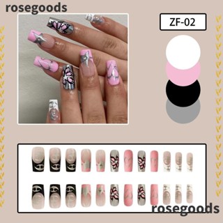 Rosegoods1 เล็บปลอม แบบกด ขอบสีชมพู ดํา สําหรับตกแต่งเล็บ DIY 24 ชิ้น