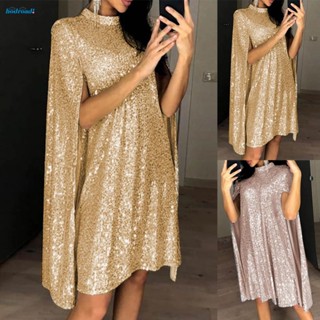 【HODRD】Stunning Sequin Dress for Womens Evening Party with Mock Neck and Cloak Sleeves【Fashion】